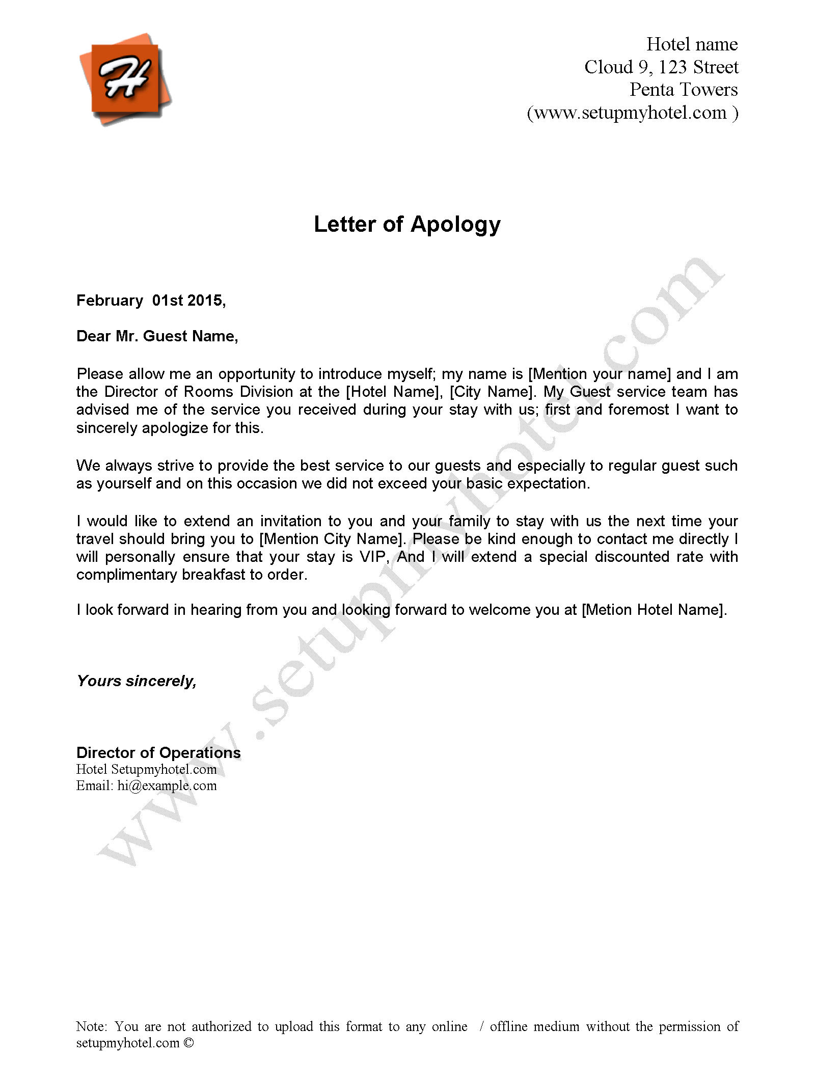 Apology Letter Sample Send to Hotel Guests