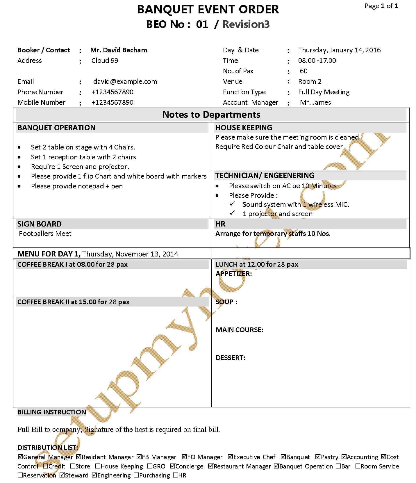 Banquet Function Plan Event Order Form FP BEO Sample