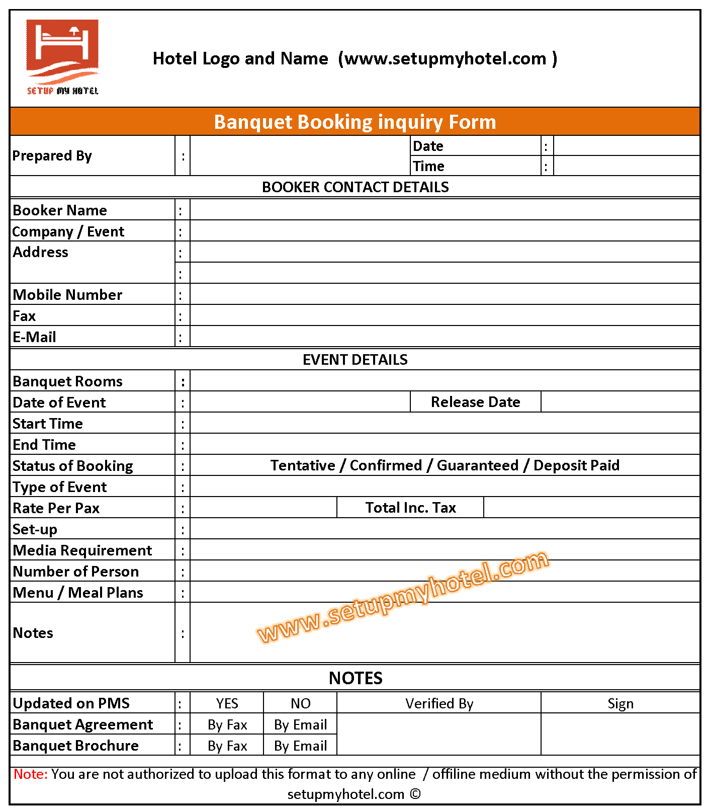 Banquet Enquiry / Event Enquiry Form Sample