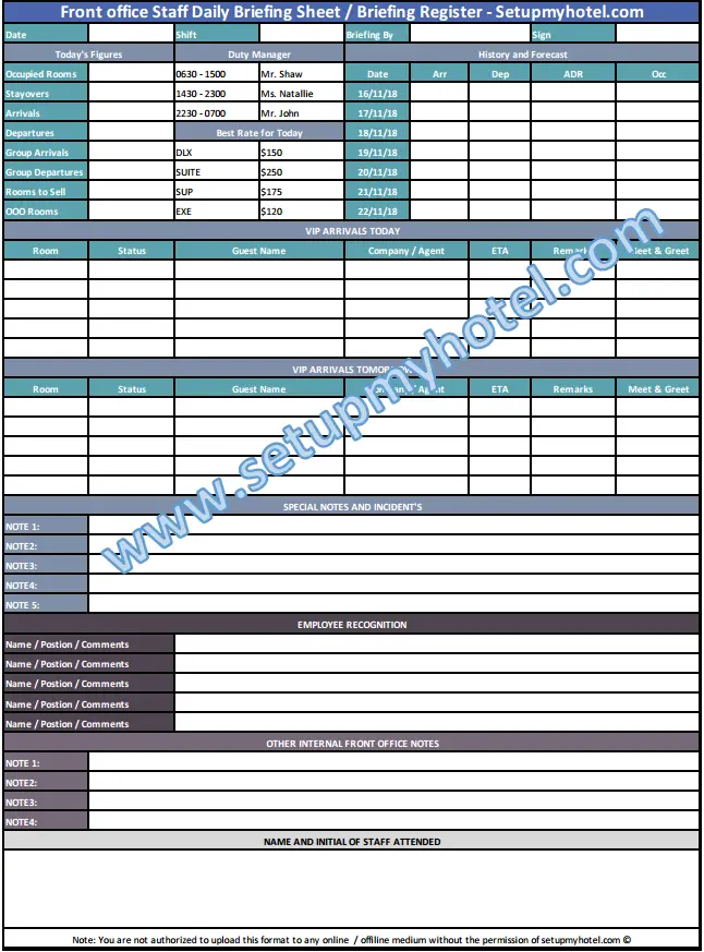Format for Front Office briefing | Staff Briefing Sheet Sample Front Desk | Front Office | Hotels