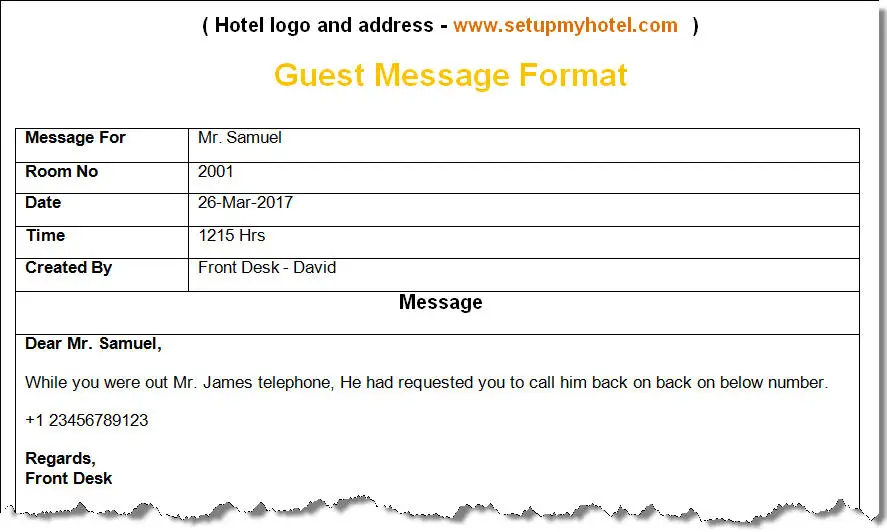 Bell Desk Guest Message Format