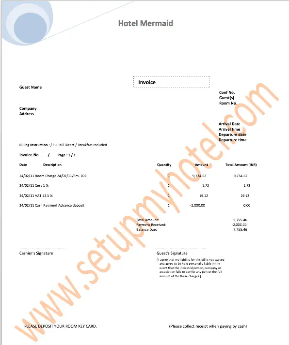 Hotel Invoice Sample | Hotel Bill Sample | Guest Folio Copy