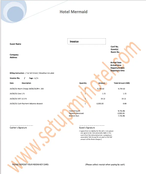 Hotel Invoice Sample Guest Bill Guest Folio Template