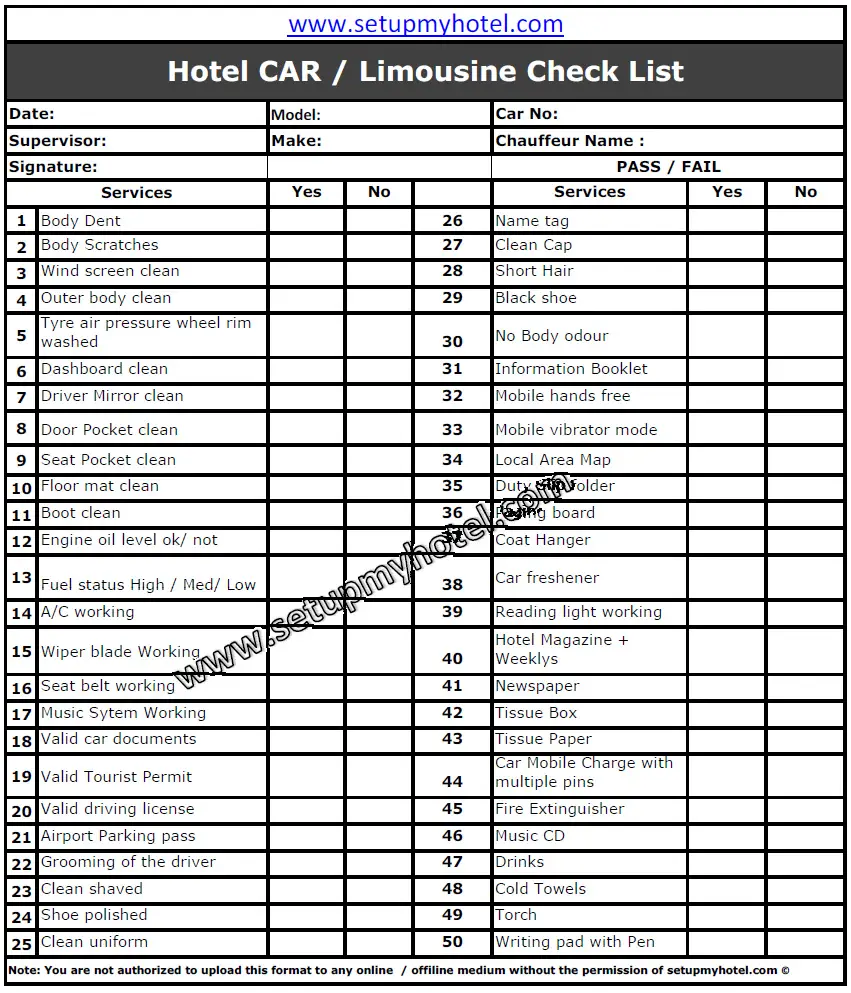 CAR Checklist before pickup / Limousine Check list before pickup