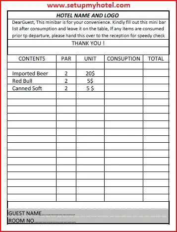 Mini / Maxi Bar Bill Format - Hotel / Housekeeping / IRD