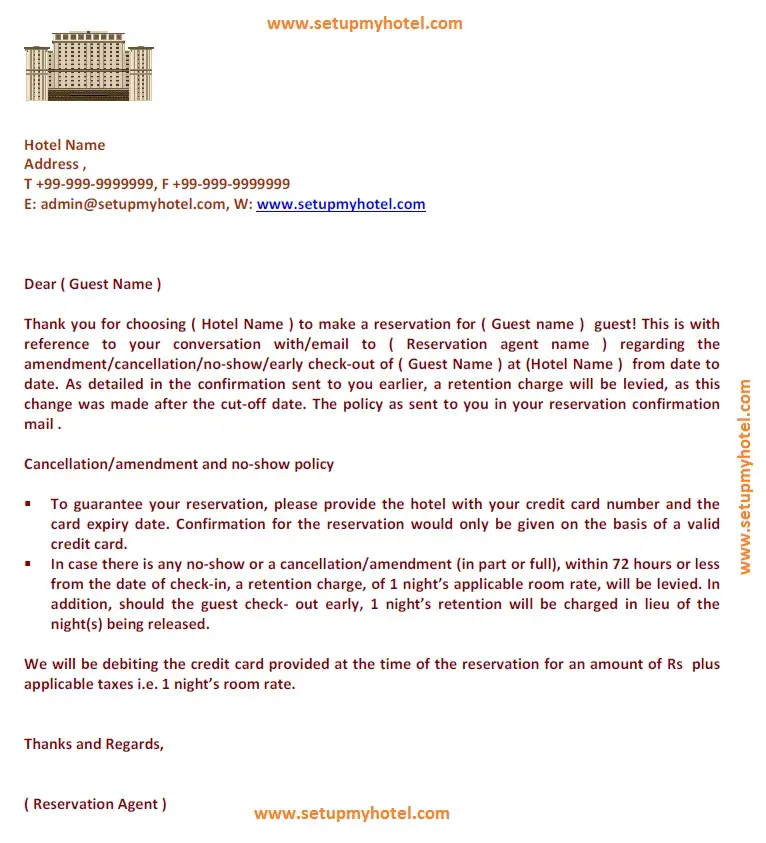 Retention Letter Format- Hotels| Room Retention