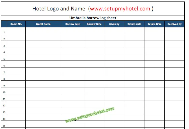 social tracking security number sheet  Umbrella book format / tracking  borrow log Concierge