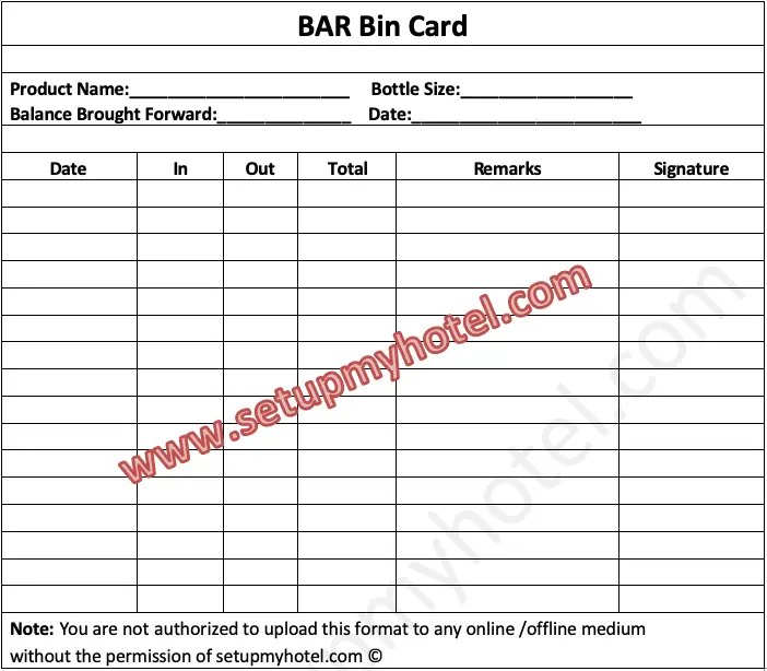 BAR Bin Card Format For Restaurants and hotels