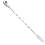 A bar spoon is a specialized stirring tool used in bartending to mix and layer ingredients in cocktails. It typically features a long, slender handle and a twisted shaft or a spoon at one end. Bar spoons are designed for precision and control, allowing bartenders to stir drinks gently and efficiently. Here are some key features and considerations for bar spoons:

Length:

Bar spoons are longer than regular spoons, usually ranging from around 10 to 16 inches (25 to 40 centimeters). The length allows bartenders to reach the bottom of tall mixing glasses or shakers with ease.
Handle:

The handle of a bar spoon is often twisted or spiral-shaped, providing a comfortable grip and facilitating a steady rotation while stirring. This design allows for more control during the stirring process.
Twisted Shaft:

Many bar spoons have a twisted shaft that runs along the handle. This twisted feature serves both a functional and aesthetic purpose. It aids in the stirring motion and adds a stylish element to the tool.
Spoon or Disk at the End:

The other end of the bar spoon typically features a spoon or disk. This allows for efficient stirring and layering of ingredients, especially in tall glasses or mixing containers.
Weight and Balance:

Bar spoons are designed to have a balanced weight distribution to facilitate precise and controlled stirring. The weight helps the spoon move smoothly through the ingredients.
Materials:

Bar spoons are commonly made of stainless steel due to its durability, resistance to corrosion, and ease of cleaning. Some high-quality bar spoons may have plated or gold accents for a more stylish appearance.
Doubles as a Measurement Tool:

Some bar spoons have a specific volume marking on the twisted handle, allowing them to serve as a built-in measurement tool. This is particularly useful when creating layered cocktails.
Flat End for Layering:

Some bar spoons have a flat disk at the end instead of a spoon. This flat end is useful for carefully layering ingredients, such as pouring one liquid over the back of the spoon to float it on top of another.
How to Use a Bar Spoon:

Hold the Spoon:

Grip the twisted or spiral handle near the top for a comfortable hold.
Insert into the Glass:

Insert the spoon into the mixing glass or shaker, reaching the bottom.
Stir Gently:

Use a gentle and controlled stirring motion, rotating the spoon in a circular or back-and-forth pattern. The twisted shaft aids in a smooth rotation.
Layering:

For layering cocktails, use the flat end or spoon at the opposite end of the handle to pour liquids gently over the back of the spoon.
Bar spoons are essential tools for bartenders who want to create well-mixed and balanced cocktails. The length, twisted design, and other features of the bar spoon contribute to its functionality and make it a versatile tool in the craft of cocktail preparation.