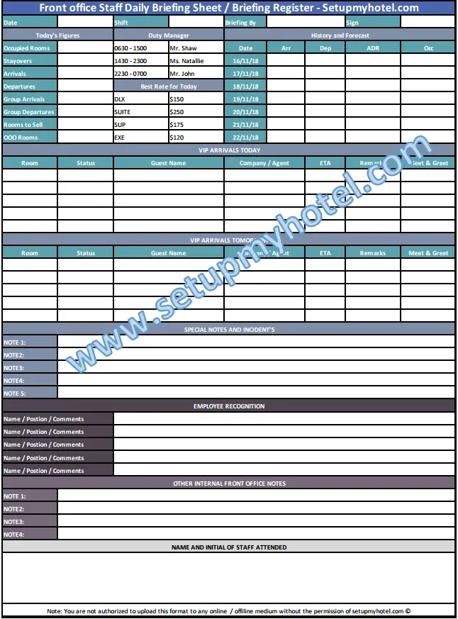 Front Office Staff Briefing Sheet Sample