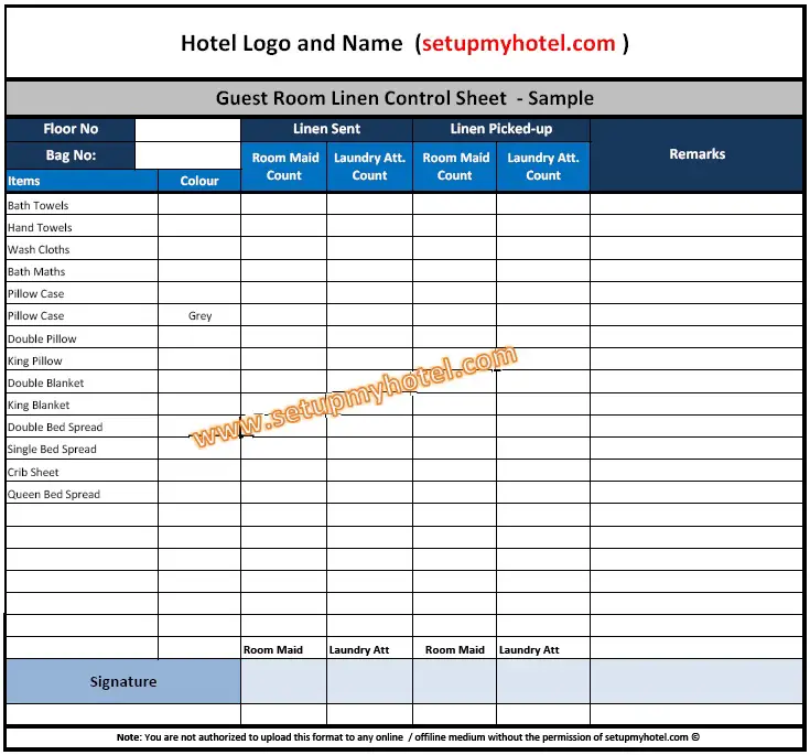 Guest Room Linen Control sheet