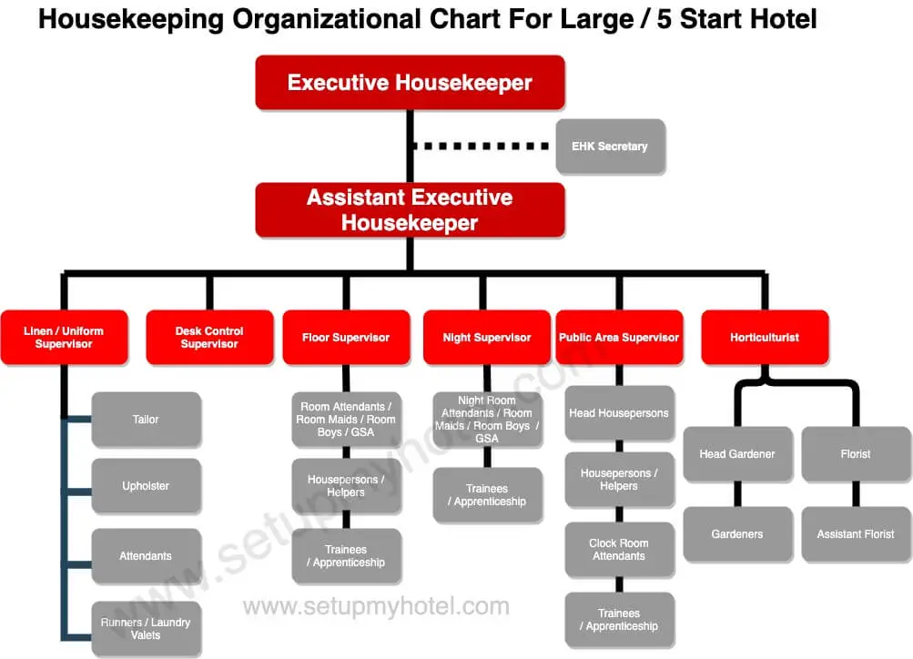 Housekeeping Department Organizational Chart - Large Hotel / 5 Star / Full Service

The housekeeping department in a large hotel or 5 5-star hotel is headed by the executive housekeeper. The Executive Housekeeper reports to the general manager, the resident manager, or the rooms division manager in a large hotel. In the case of a chain of hotels, the executive housekeeper also reports to the director of housekeeping, who heads the housekeeping departments in all the hotels of that chain.