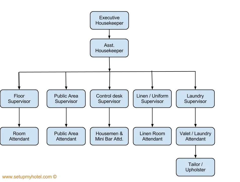 Housekeeping Organization Chart, The housekeeping department in a Business Hotel is headed by the executive housekeeper and they report to the general manager. In the case of a chain of hotels, the executive housekeeper also reports to the director of housekeeping, who heads the housekeeping departments in all the hotels of that chain.

The Assistant housekeeper helps the executive housekeeper in the day-to-day activities and looks after the various areas of responsibility in the hotel, that is, floors, public areas, the linen room, desk control, inventory and staffing, etc.

The Housekeeping Organizational Chart in a Business Hotel also contains multiple supervisors for each section of the housekeeping like the laundry, Desk Control, Floor Supervisor, Public Area Supervisor, etc. Each of these supervisors reports to the assistant housekeeper or the Executive housekeeper.

Further down the Housekeeping organizational structure, we have Room Attendants, Public Area Attendants, Mini Bar Attendants, Laundry Attendants, Gardeners, Tailors, Trainees, apprentices, etc. Find below the organization chart of the housekeeping department in a mid-range service hotel.