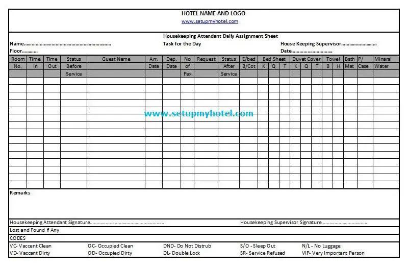 housekeeping attendants daily assignment sheet