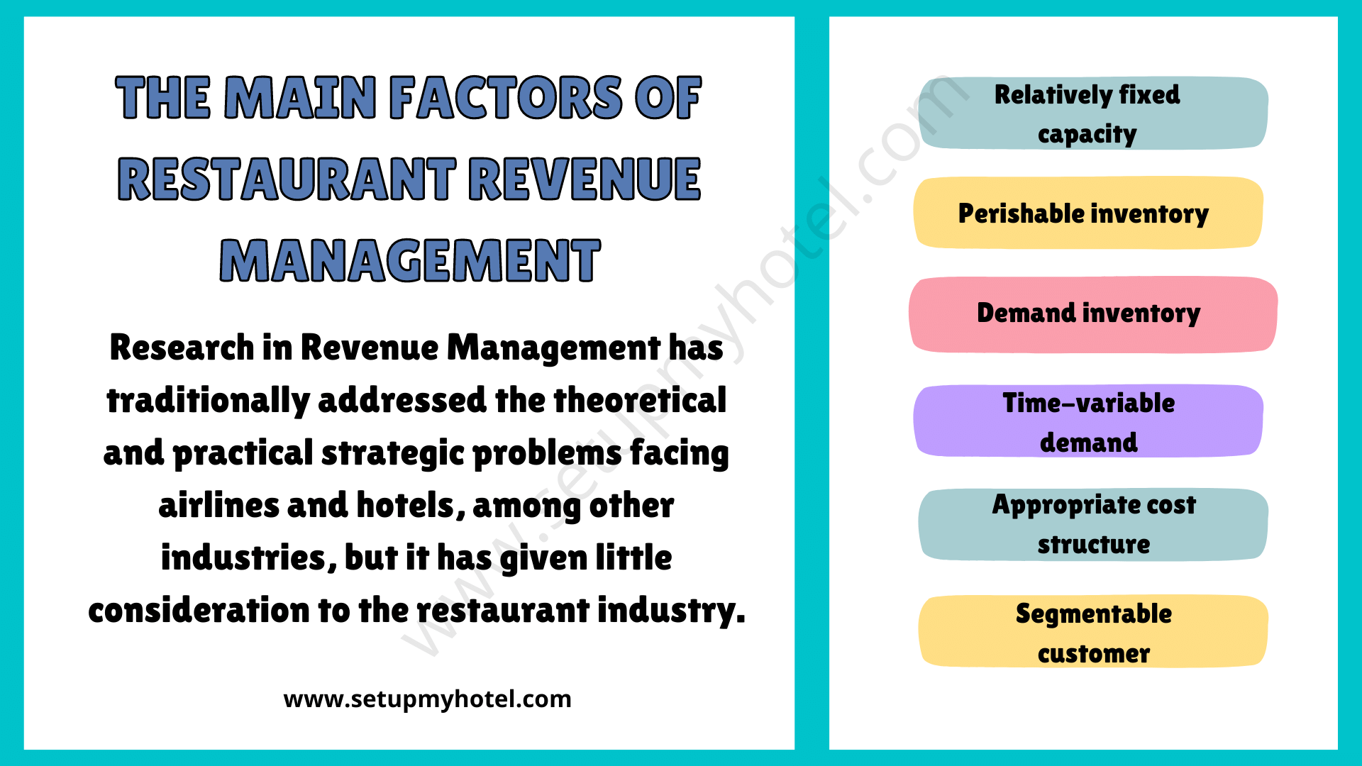 Restaurant revenue management involves a strategic approach to pricing, marketing, and operations to maximize revenue and profitability. Key factors influencing restaurant revenue management include: Pricing Strategies: Implement dynamic pricing based on factors such as peak hours, day of the week, seasonality, and special events. Adjust menu prices to optimize revenue during different periods. Menu Engineering: Analyze the popularity and profitability of menu items. Focus on promoting high-margin items and consider adjusting prices or portion sizes for less profitable items. Demand Forecasting: Utilize historical data and trends to forecast demand accurately. Anticipate peak periods and allocate resources accordingly to enhance efficiency during busy times. Table Turnover Optimization: Increase table turnover rates during peak hours by optimizing service speed without compromising quality. Manage reservations efficiently and encourage bookings during busy periods. Promotions and Specials: Design strategic promotions and specials to attract customers during slower periods. Implement happy hours, discounted packages, or limited-time offers to stimulate demand. Online Reservation Systems: Implement an efficient online reservation system to manage bookings effectively. Encourage customers to book in advance, helping you plan staffing levels and optimize table turnover. Customer Relationship Management (CRM): Utilize CRM systems to collect and analyze customer data. Identify and reward loyal customers, personalize marketing efforts, and encourage repeat business through loyalty programs. Staff Training for Upselling: Train staff to upsell and cross-sell strategically. Encourage suggestive selling of high-margin items and promote special offerings to increase the average check value. Adaptive Marketing Strategies: Implement marketing strategies that adapt to changing market conditions. Utilize digital marketing channels, social media, and targeted campaigns to attract different customer segments. Technology Integration: Leverage technology solutions such as point-of-sale (POS) systems and analytics tools to gather data and insights. Use technology to streamline operations, improve efficiency, and make informed decisions. Capacity Management: Optimize seating capacity by strategically arranging tables and adjusting reservations during peak hours. Balance the desire for a full house with the need for efficient table turnover. Feedback and Reviews Management: Monitor customer feedback and online reviews. Address concerns promptly, as positive reviews can attract more customers, while negative ones may impact your reputation and revenue. Partnerships and Collaborations: Collaborate with local businesses or event organizers to host joint promotions or events. This can attract a broader audience and increase foot traffic during specific periods. Data Analysis: Regularly analyze financial and operational data to identify trends, opportunities, and areas for improvement. Use data-driven insights to refine strategies and adapt to changing market conditions. By focusing on these factors, restaurant owners and managers can implement effective revenue management strategies, ultimately leading to increased profitability and sustained success.