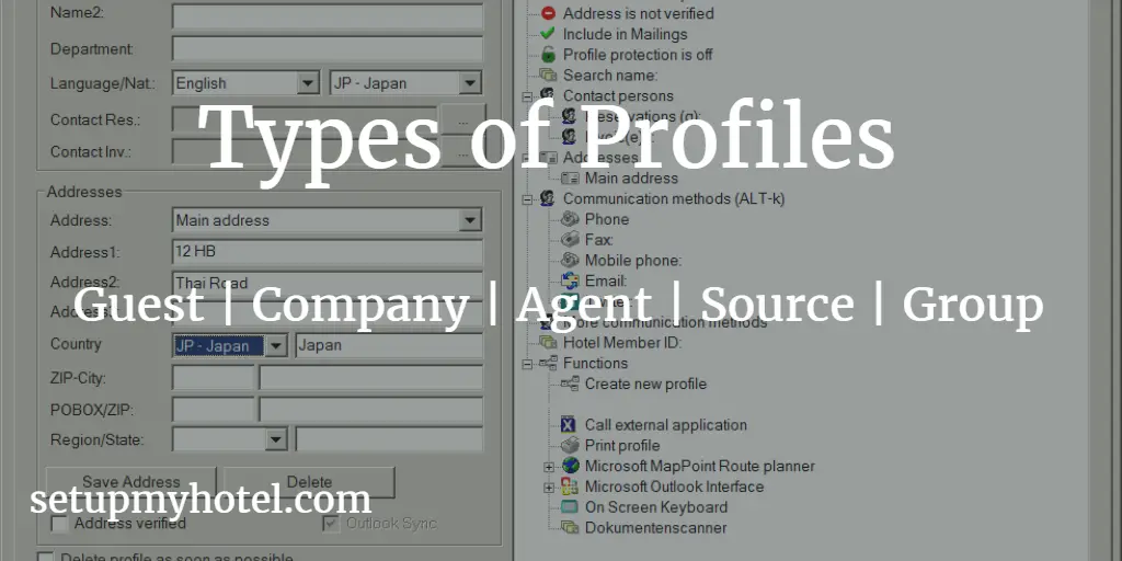 Types of profiles in hotels - Profiling of Guests, Companies, and Travel helps the sales and marketing teams to instantly access the account and an unlimited amount of material to each of these profiles. These profiles generally consist of name, address, contact details, historical transactions or bookings, future bookings, revenue generated, invoice details, details of sales activities, marketing tags, details of sales calls, etc.