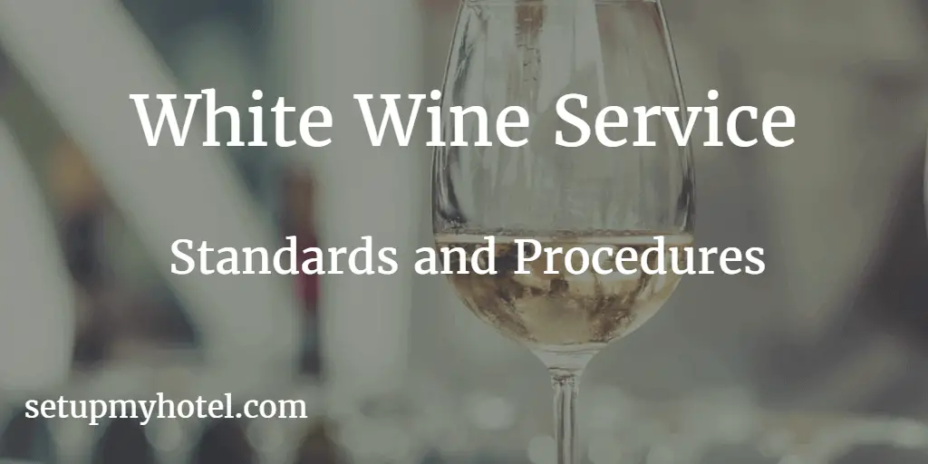 Serving White Wine- General standards to remember while serving white wine: White wine must be always served chilled at 10 to 12 degrees °C.  Always serve white wine in a bucket, stand, wine opener, and a wine napkin.  The host should taste the wine before serving another guest, The Server should pour 30ml for tasting.  Always ladies to be served first and then Wine to be poured evenly for all guests.  All glassware must be clean and free of dirt, chips, and watermarks.  Refill all guest's glass as soon as it is below 10% of the glass.  When a second bottle of the same White wine is to be served, ask guests if fresh glasses are needed for everyone.