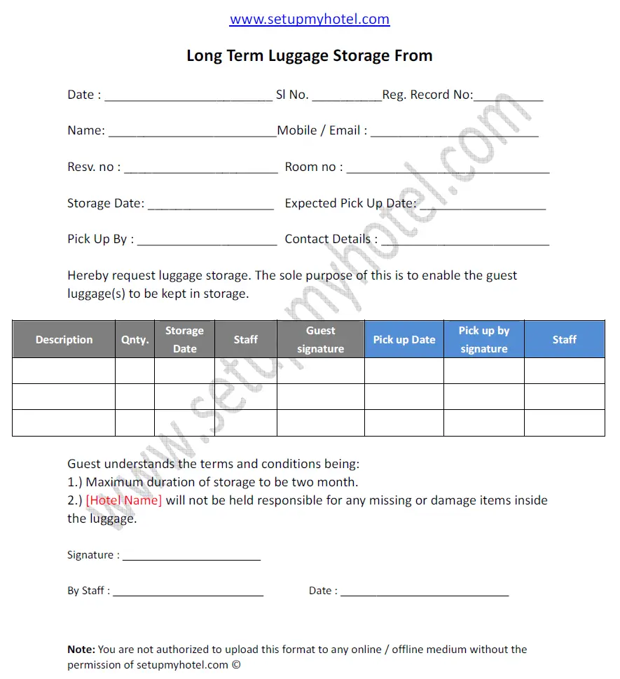 long term luggage storage form sample