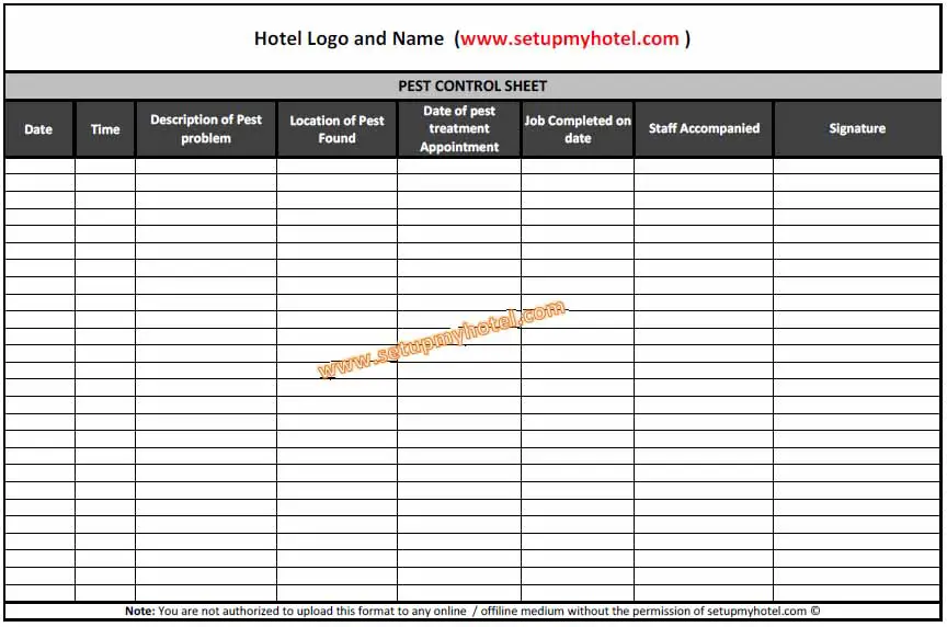 The pest control log book is a critical tool for ensuring a pest-free environment. It is a record of all the activities carried out to prevent and control pests in a building or facility. This log book helps to track pest sightings, the type of pest, and the measures taken to eliminate them. The log book is usually maintained by a designated pest control officer or team, who regularly inspects the facility and takes necessary actions to prevent and control pest infestations. The log book should be easily accessible to all members of staff and should be updated regularly. In addition to tracking pest sightings, the log book can also be used to record any sanitation or maintenance issues that could contribute to pest infestations. This information can be used to identify areas of improvement and prevent future pest problems. Overall, the pest control log book is an essential tool for maintaining a clean and pest-free environment. Regular updates and proper usage can help ensure that pest control measures are effective and that potential pest infestations are identified early on.