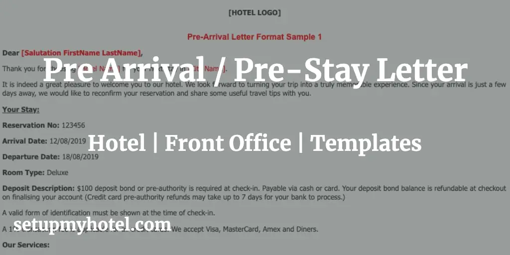 A pre-arrival letter or pre-stay letter is a communication sent to guests before their scheduled arrival at a hotel or accommodation. This type of communication is a way to provide guests with important information, welcome them, and ensure a smooth check-in process. Here's a sample format for a pre-arrival letter, which could be adapted for an SMS (Short Message Service) format: