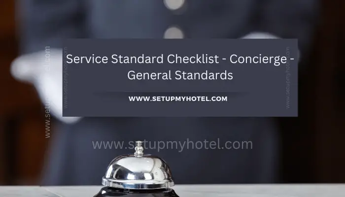 As a concierge, it is important to maintain a high level of service standards to ensure customer satisfaction. Here are some general standards that should be included in your service standard checklist: Greeting: Always greet customers with a warm and friendly smile. Appearance: Maintain a professional appearance by dressing appropriately and maintaining personal hygiene. Knowledge: Have a good understanding of the local area, attractions, and events. Communication: Communicate clearly and effectively with customers, using language that is easily understood. Availability: Be available to customers at all times, and respond promptly to their requests. Personalization: Personalize your service to meet the needs and preferences of each customer. Problem-solving: Be proactive in identifying and solving any problems or issues that may arise. Follow-up: Follow up with customers after their requests have been fulfilled to ensure their satisfaction. By following these general standards, you can provide exceptional service to your customers and create a memorable experience for them.