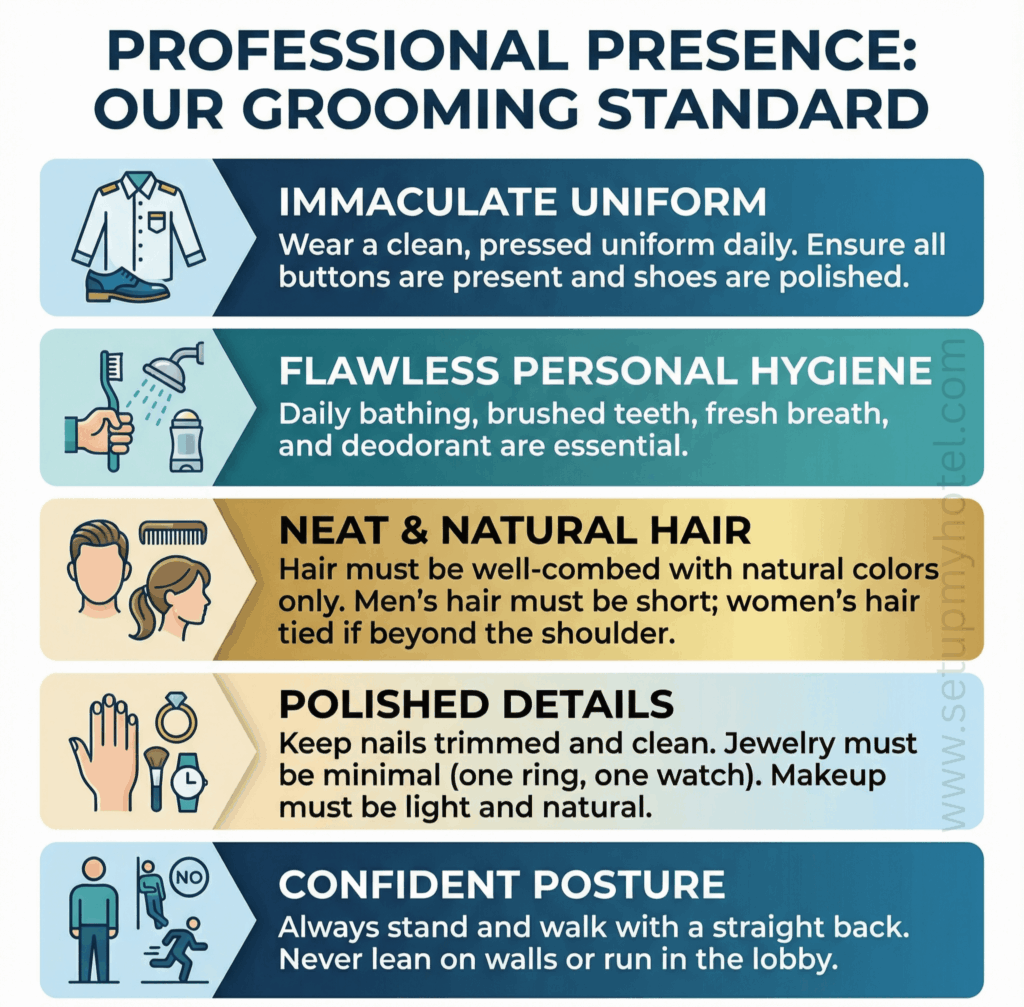 Learn the essential grooming and hygiene standards for hotel Front Office staff, based on the official SOP Front Office – Staff Grooming and Hygiene.