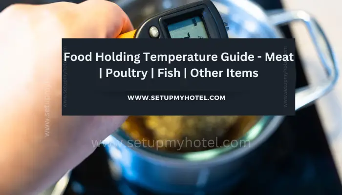Standard Food Holding Temperature Range Guide For Meat, Fish Poultry, and Other Items In the hotel industry chefs, cooks and other specialized food service personnel employ varied methods of cooking. The proper holding temperatures for a specific food product must be based on the moisture content of the product, product density, volume, and proper serving temperatures. Safe holding temperatures must also be correlated with palatability in determining the length of holding time for a specific product. Mobile hot boxes or food holders used in the hotel kitchen and restaurants should maintain the maximum amount of product moisture content without the addition of water, water vapor, or steam. Maintaining maximum natural product moisture preserves the natural flavor of the product and provides a more genuine taste. In addition to product moisture retention, the mobile hot box used should be able to maintain a consistent temperature throughout the cabinet without the necessity of a heat distribution fan, thereby preventing further moisture loss due to evaporation or dehydration. The below chart shows the ideal food holding temperature for meat, poultry, fish, egg, baked, and other food items.