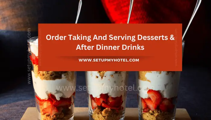 After a satisfying meal, it's time to indulge in desserts and after-dinner drinks. Whether you're dining out at a restaurant or hosting guests at home, it's important to know how to take orders and serve these sweet treats with finesse. When taking dessert orders, be sure to ask if anyone has any dietary restrictions or allergies. This will help you recommend desserts that are safe for everyone to enjoy. Don't forget to suggest coffee, tea, or other after-dinner drinks to accompany the desserts. When it comes to serving desserts, presentation is key. Make sure each dessert is plated beautifully and garnished with fresh fruit or a drizzle of sauce. If you're serving a variety of desserts, consider creating a dessert platter to showcase all the options. As for after-dinner drinks, offer a range of options such as port, brandy, or liqueurs. These drinks are meant to be sipped slowly, so be sure to serve them in small glasses and offer a selection of snacks to nibble on while enjoying them. Remember, the dessert course is the final impression your guests will have of the meal, so make it a memorable one. With a little attention to detail, you can ensure that everyone leaves the table feeling satisfied and content.